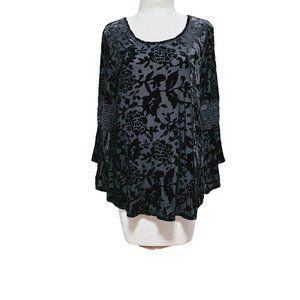 Stem & Vine velvet‎ burnout top XL roses print sheer lace Black